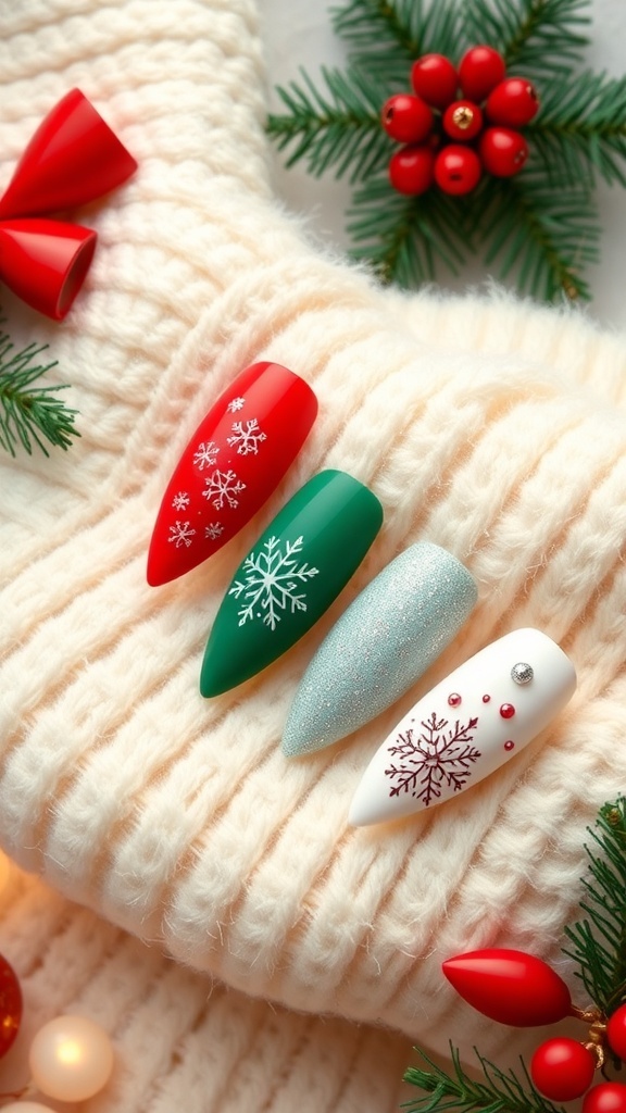 Elegant Christmas Nail Ideas Elegant Christmas nail designs in red, green, and white with festive patterns and glitter.